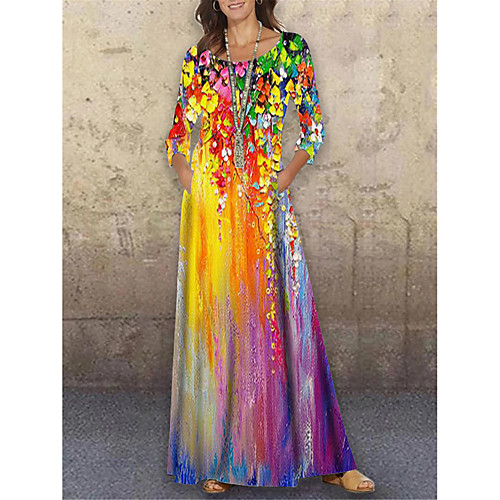 

Women's Shift Dress Maxi long Dress Orange 3/4 Length Sleeve Floral Color Gradient Print Spring Summer Round Neck Casual Holiday 2021 S M L XL XXL 3XL