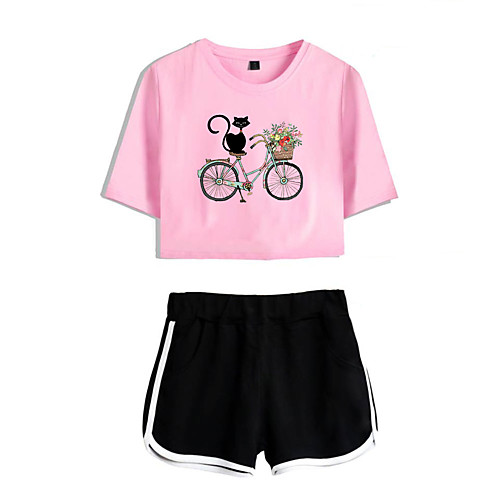 

Women's Basic Streetwear Floral Print Cat Vacation Casual / Daily Two Piece Set Crop Top Tracksuit T shirt Loungewear Shorts Print Tops