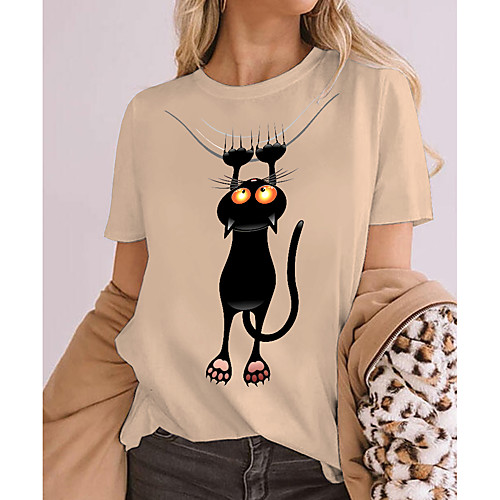 

Women's Cat 3D Cat T shirt Cat Animal Print Round Neck Basic Tops 100% Cotton Blushing Pink Green Brown