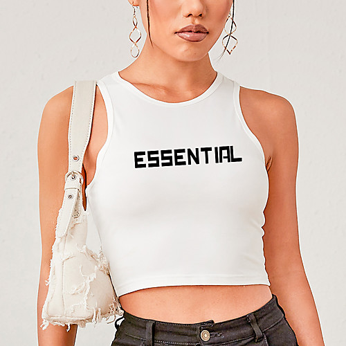 

Women's Crop Top Tank Top Vest Letter Print Round Neck Basic Sexy Tops Slim White Black Blushing Pink