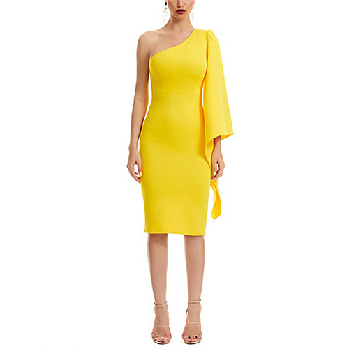

Sheath / Column Minimalist Elegant Homecoming Cocktail Party Dress One Shoulder Long Sleeve Knee Length Stretch Fabric with Sleek 2021