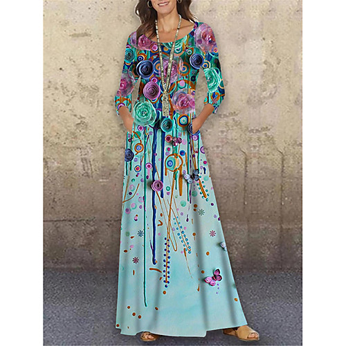 

Women's Shift Dress Maxi long Dress Green 3/4 Length Sleeve Floral Print Print Spring Summer Round Neck Casual Holiday 2021 S M L XL XXL 3XL