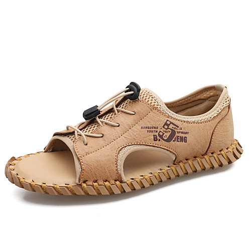 

Men's Sandals Crochet Leather Shoes Flat Sandals Casual Beach Roman Shoes Daily Outdoor Walking Shoes Nappa Leather Cowhide Breathable Handmade Non-slipping Booties / Ankle Boots Almond Black Khaki