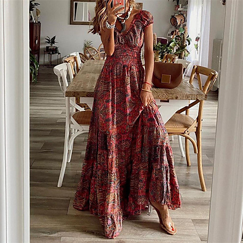 

Women's Swing Dress Maxi long Dress Red Wine Short Sleeve Print Ruched Spring Summer V Neck Holiday Casual / Daily Holiday 2021 M L XL XXL XXXL