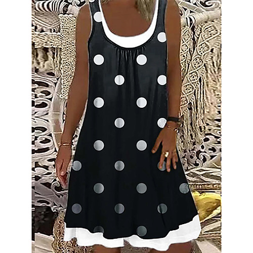 

Women's Shift Dress Knee Length Dress Black Sleeveless Polka Dot Print Spring Summer Boat Neck Casual Holiday 2021 S M L XL XXL 3XL