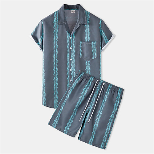 

Men's Shirt Suits Shirt Striped Button-Down Short Sleeve Casual Tops Cotton Casual Fashion Hawaiian Breathable Gray