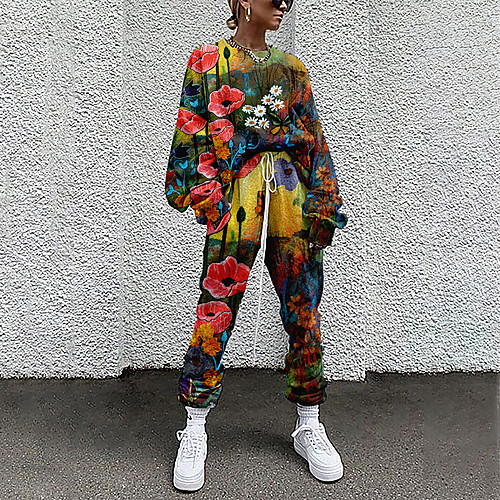 

Women's Basic Streetwear Floral Vacation Casual / Daily Two Piece Set Tracksuit T shirt Pant Loungewear Drawstring Print Tops