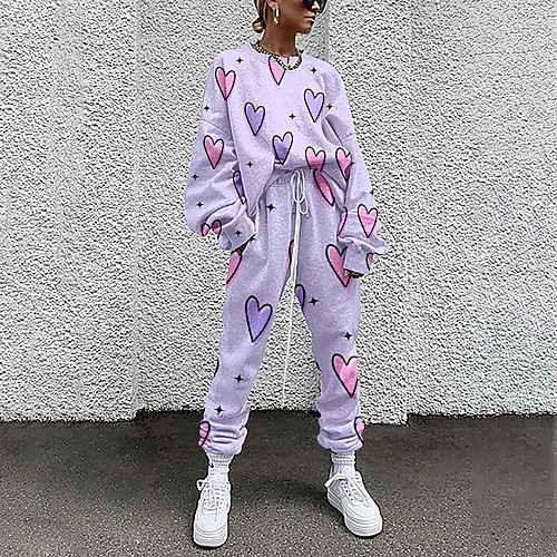

Women's Basic Streetwear Floral 3D Print Heart Vacation Casual / Daily Two Piece Set Crew Neck Tracksuit T shirt Pant Loungewear Drawstring Print Tops / Loose