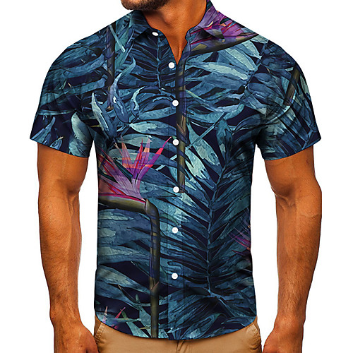 

Men's Shirt 3D Print Plants Graphic Prints Button-Down Short Sleeve Street Tops Casual Fashion Classic Breathable Blue