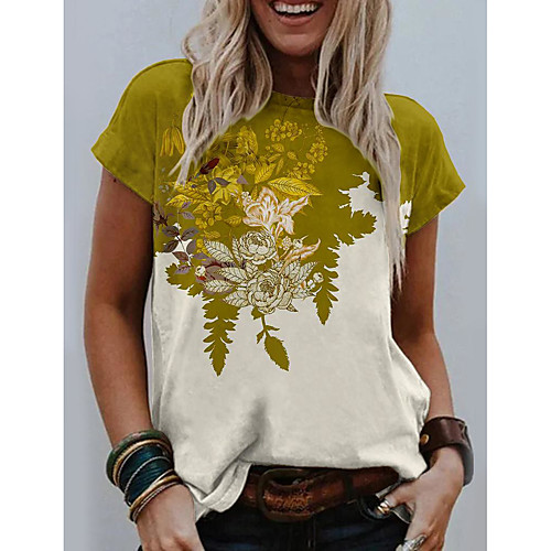 

Women's Floral Theme Abstract Painting T shirt Floral Color Block Flower Print Round Neck Basic Tops Blue Purple Yellow