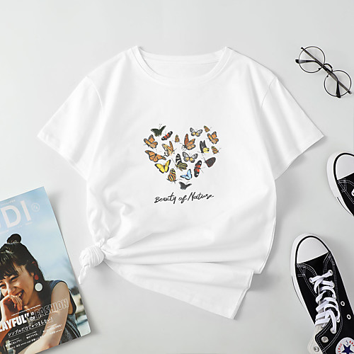 

Women's T shirt Butterfly Heart Letter Print Round Neck Tops Cotton Basic Basic Top White Black Blue