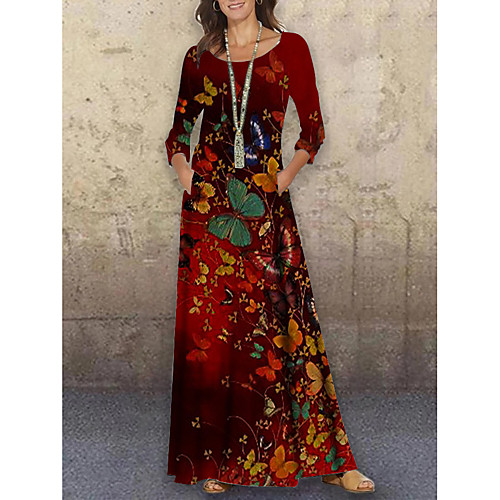 

Women's Shift Dress Maxi long Dress Red 3/4 Length Sleeve Floral Print Print Spring Summer Round Neck Casual Holiday 2021 S M L XL XXL 3XL