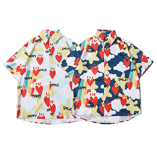 

Men's Shirt Other Prints Graphic Button-Down Print Short Sleeve Casual Tops Basic Hawaiian Distressed White Navy Blue / Summer