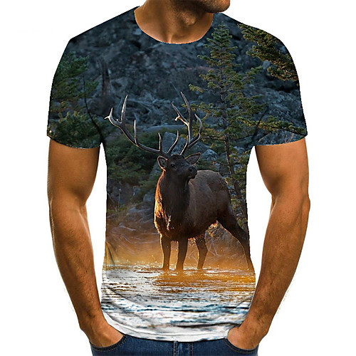 

Men's Unisex Tee T shirt 3D Print Graphic Prints Elk Plus Size Print Short Sleeve Casual Tops Basic Fashion Designer Big and Tall Brown