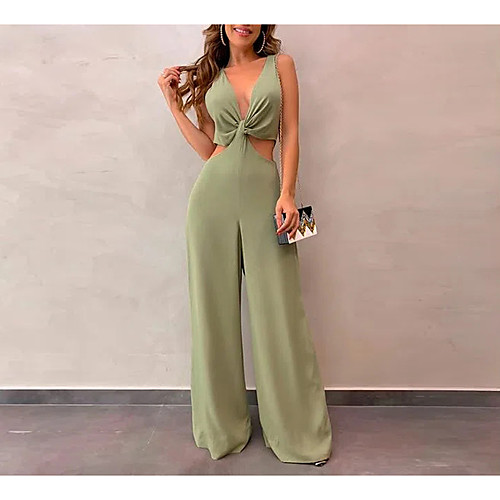 

Women's Ordinary Plunging Light Green Jumpsuit Solid Colored Lace up