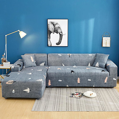 

Grey Tree Print Dustproof All-powerful Slipcovers Stretch L Shape Sofa Cover Super Soft Fabric Couch Cover Sofa Furniture Protector with One Free Boster Case