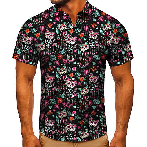 

Men's Shirt 3D Print Cat Graphic Prints Button-Down Short Sleeve Street Tops Casual Fashion Classic Breathable Black
