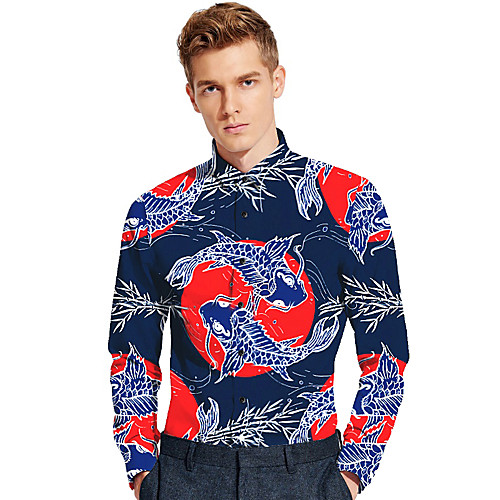

Men's Shirt Other Prints Graphic Print Long Sleeve Casual Tops Simple Tropical Hawaiian Beach Classic Collar Navy Blue