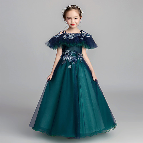 

Princess Floor Length Flower Girl Dresses Formal Evening Tulle Short Sleeve Spaghetti Strap with Embroidery