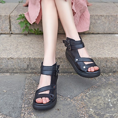 

Women's Sandals Platform Sandals Wedge Heel Round Toe PU Buckle Solid Colored Dark Brown Black