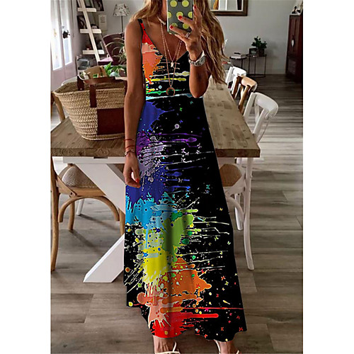 

Women's A Line Dress Maxi long Dress Black Sleeveless Print Color Block Print Spring Summer V Neck Casual Holiday 2021 S M L XL XXL 3XL