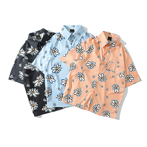 

Men's Shirt Other Prints Graphic Daisy Button-Down Print Short Sleeve Casual Tops Basic Hawaiian Distressed Button Down Collar Black Orange Light Blue / Summer