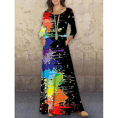 

Women's Shift Dress Maxi long Dress Black 3/4 Length Sleeve Print Color Block Print Spring Summer Round Neck Casual Holiday 2021 S M L XL XXL 3XL