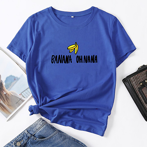 

Women's T shirt Fruit Letter Print Round Neck Tops Cotton Basic Basic Top White Black Blue