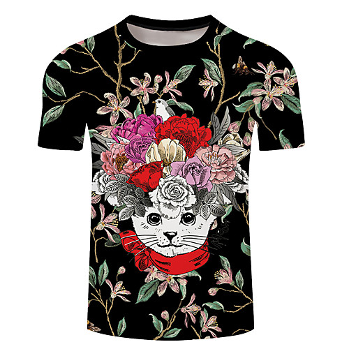 

Men's Unisex Tee T shirt 3D Print Floral Cat Graphic Prints Plus Size 3D Print Short Sleeve Casual Tops Basic Designer Big and Tall Black / Red Gray / Red Yellow