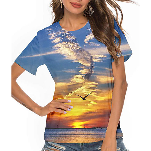 

Women's Holiday 3D Printed Painting T shirt Scenery Print Round Neck Basic Tops Blue