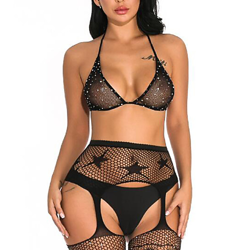 

Women's Sequins Mesh Super Sexy Suits Nightwear Galaxy Solid Colored Black One-Size / Halter Neck / Deep V