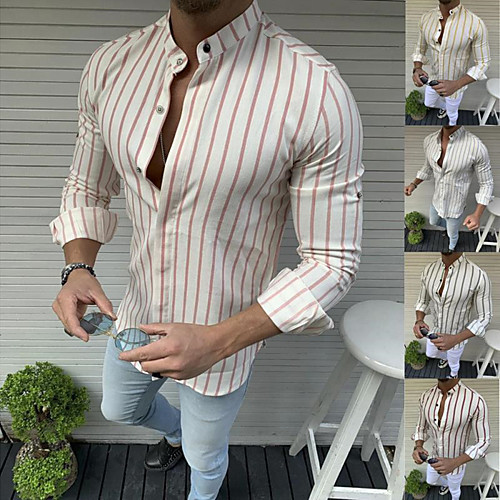 

Men's Shirt Striped Button-Down Long Sleeve Casual Tops Casual Fashion Breathable Comfortable Standing Collar Blushing Pink Green Red