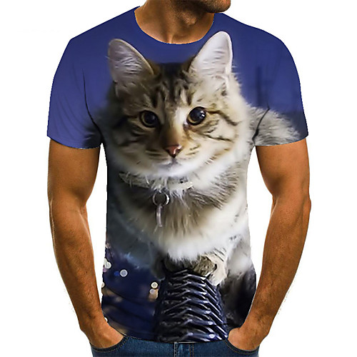 

Men's Unisex Tee T shirt 3D Print Cat Graphic Prints Plus Size Print Short Sleeve Casual Tops Basic Fashion Designer Big and Tall Blue