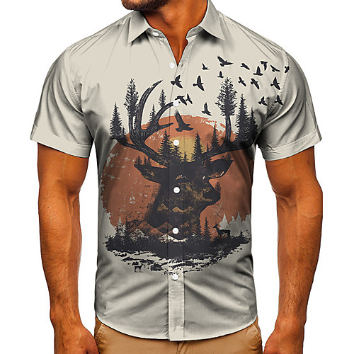 

Men's Shirt 3D Print Graphic Prints Deer Button-Down Short Sleeve Street Tops Casual Fashion Classic Breathable Light gray