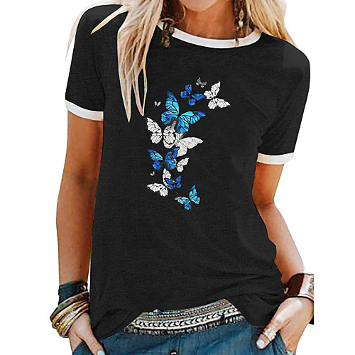 

Women's T shirt Butterfly Patchwork Print Round Neck Tops Basic Basic Top Black Blue Purple