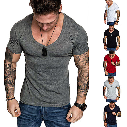 

Men's T shirt Shirt Solid Colored Plus Size Short Sleeve Daily Slim Tops V Neck Dark Grey White Red / Sports / Work