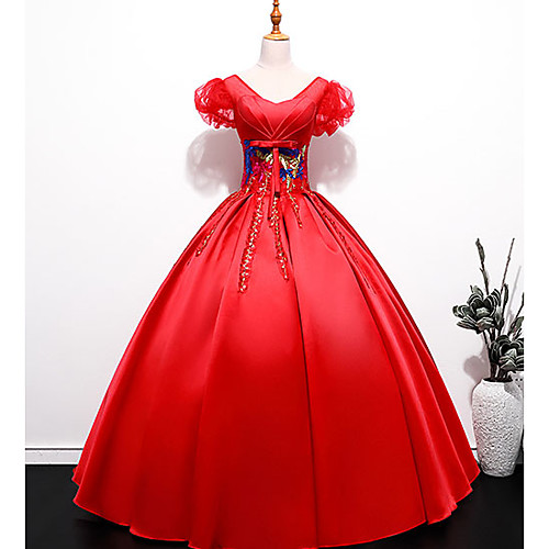 

Ball Gown Glittering Elegant Quinceanera Prom Dress V Neck Short Sleeve Floor Length Satin with Sequin Appliques 2021