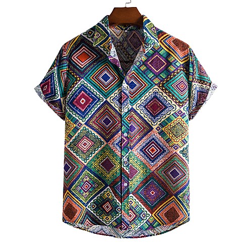 

Men's Shirt Graphic Short Sleeve Casual Tops Ethnic Style Classic Collar Rainbow