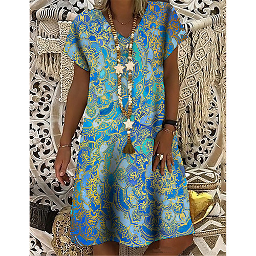 

Women's T Shirt Dress Tee Dress Knee Length Dress Blue Short Sleeve Floral Print Print Spring Summer V Neck Casual Holiday 2021 S M L XL XXL 3XL