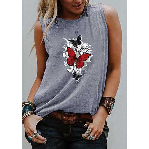 

Women's Holiday Tank Top Vest T shirt Graphic Butterfly Print Round Neck Basic Tops Blue Purple Light gray / Going out