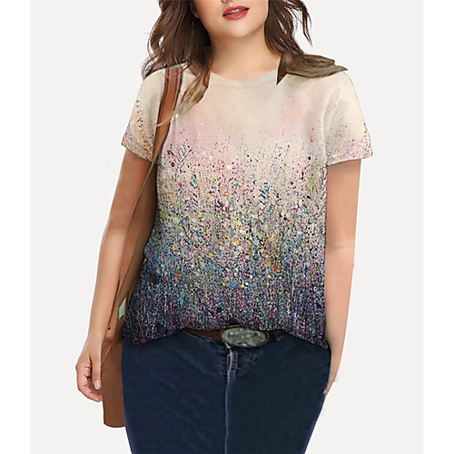 

Women's Plus Size Tops T shirt Floral Graphic Print Short Sleeve Crewneck Basic Blushing Pink Big Size XL XXL 3XL 4XL 5XL / Holiday