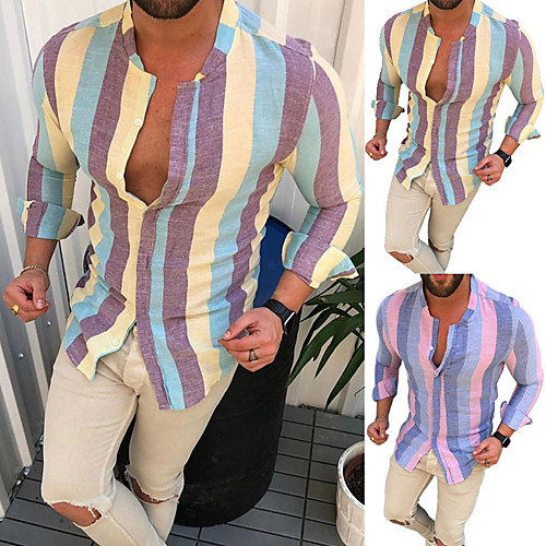 

Men's Shirt Striped Button-Down Long Sleeve Casual Tops Casual Fashion Breathable Comfortable V Neck Yellow Blushing Pink