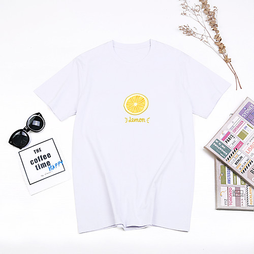 

Women's T shirt Fruit Letter Print Round Neck Tops Cotton Basic Basic Top White Black Blue