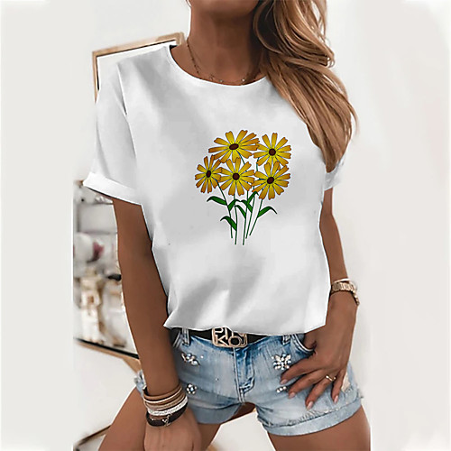 

Women's Floral Theme T shirt Floral Daisy Print Round Neck Basic Tops Cotton Blue Yellow Green