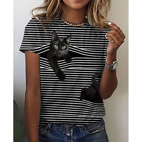 

Women's 3D Cat T shirt Striped Cat 3D Print Round Neck Basic Tops Black Blue Yellow