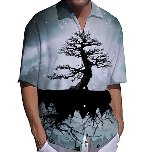 

Men's Shirt 3D Print Scenery Tree Plus Size 3D Print Button-Down Short Sleeve Casual Tops Casual Fashion Streetwear Breathable Light Green / Sports