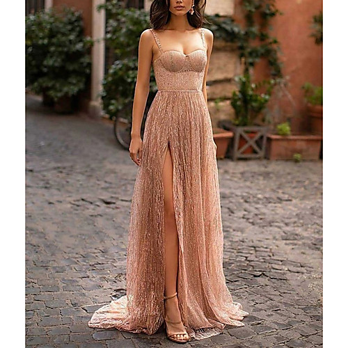 

Women's Strap Dress Maxi long Dress Beige Sleeveless Solid Color Split Mesh Patchwork Spring Summer cold shoulder Party Elegant Formal Party 2021 S M L XL XXL