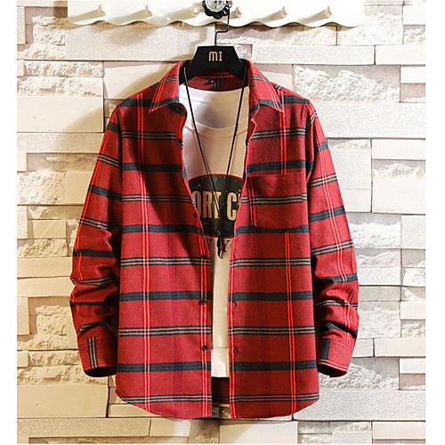 

Men's Shirt non-printing Plaid Long Sleeve Going out Tops Blue Red Khaki