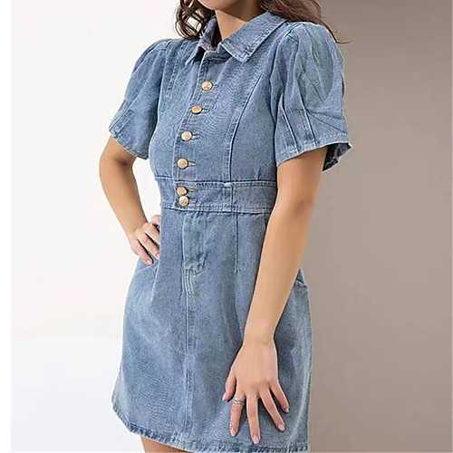 

Women's A Line Dress Short Mini Dress Light Blue Short Sleeve Solid Color Spring Summer Casual / Daily 2021 S M L / Cotton / Denim / Cotton