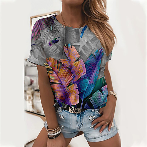 

Women's Floral Theme Painting T shirt Plants Leaf Flower Print Round Neck Basic Tops Blue Purple Red
